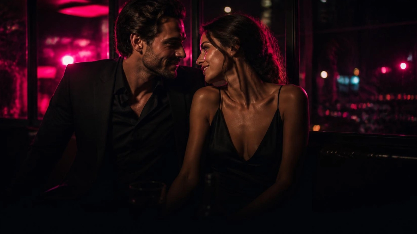 A couple leaning close and smiling in a dark bar lit with pink neon