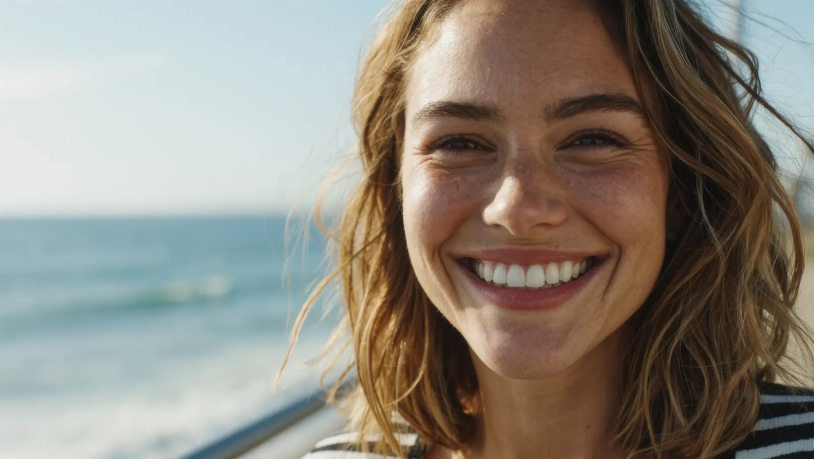 A woman with wavy hair laughing on a sunny seaside promenade with the ocean behind her