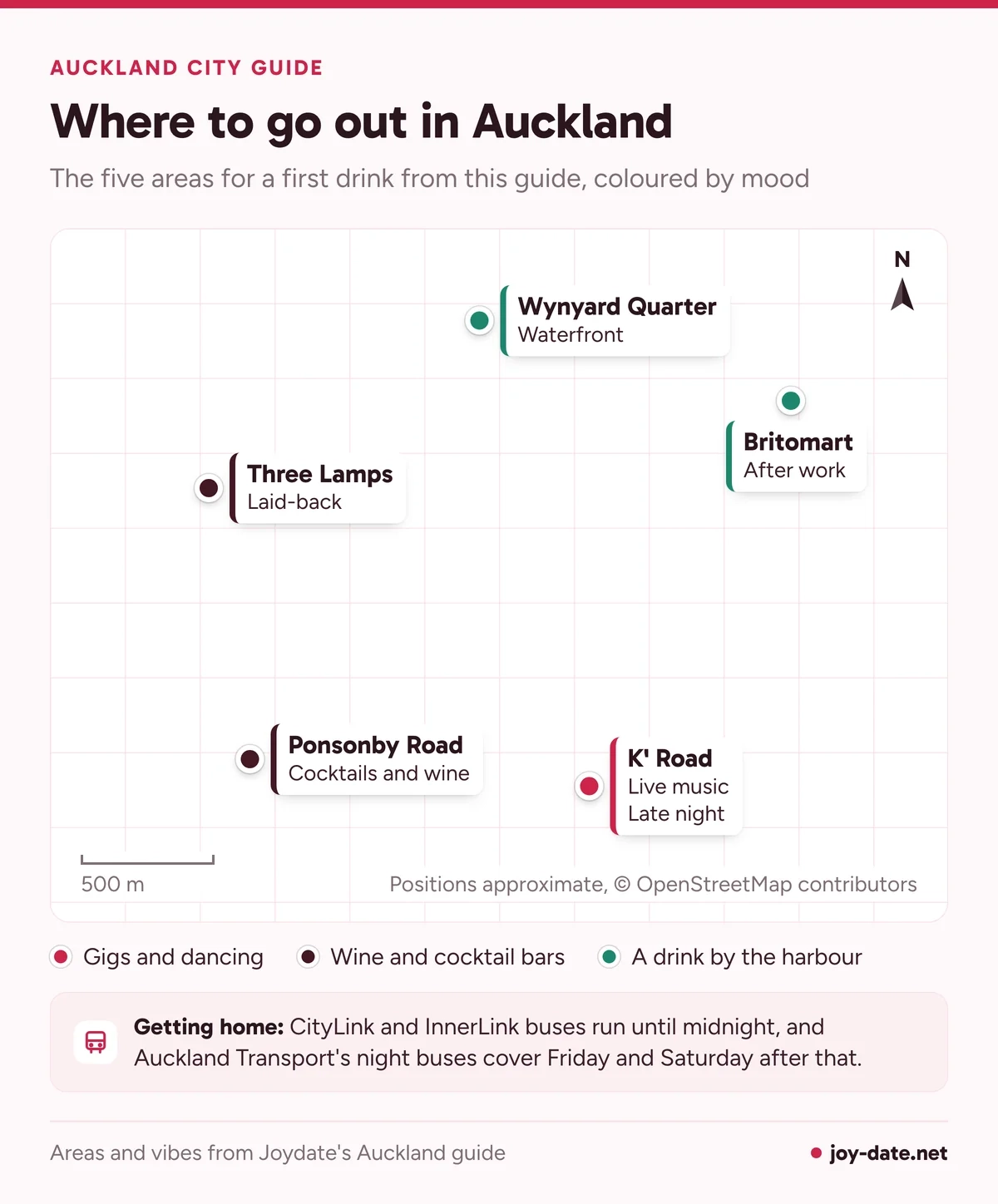 Map of Auckland first-drink areas: K' Road for gigs and dancing, Ponsonby Road and Three Lamps, Britomart and Wynyard Quarter