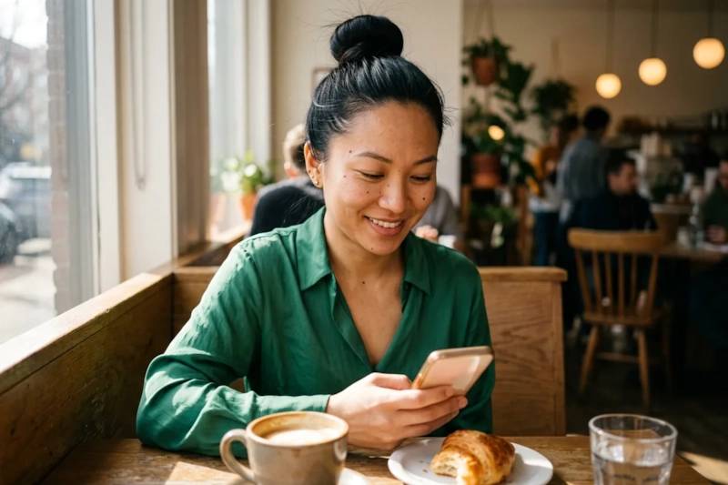 A woman with sleek black hair in a bun and an emerald silk blouse sits at a sunlit cafe window seat, smiling privately at her phone, a cup of coffee and a croissant on the table (AI-generated image)