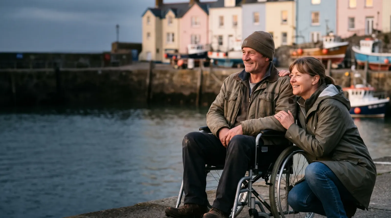 A couple on Tenby harbour in front of the colourful houses; the man is a wheelchair user