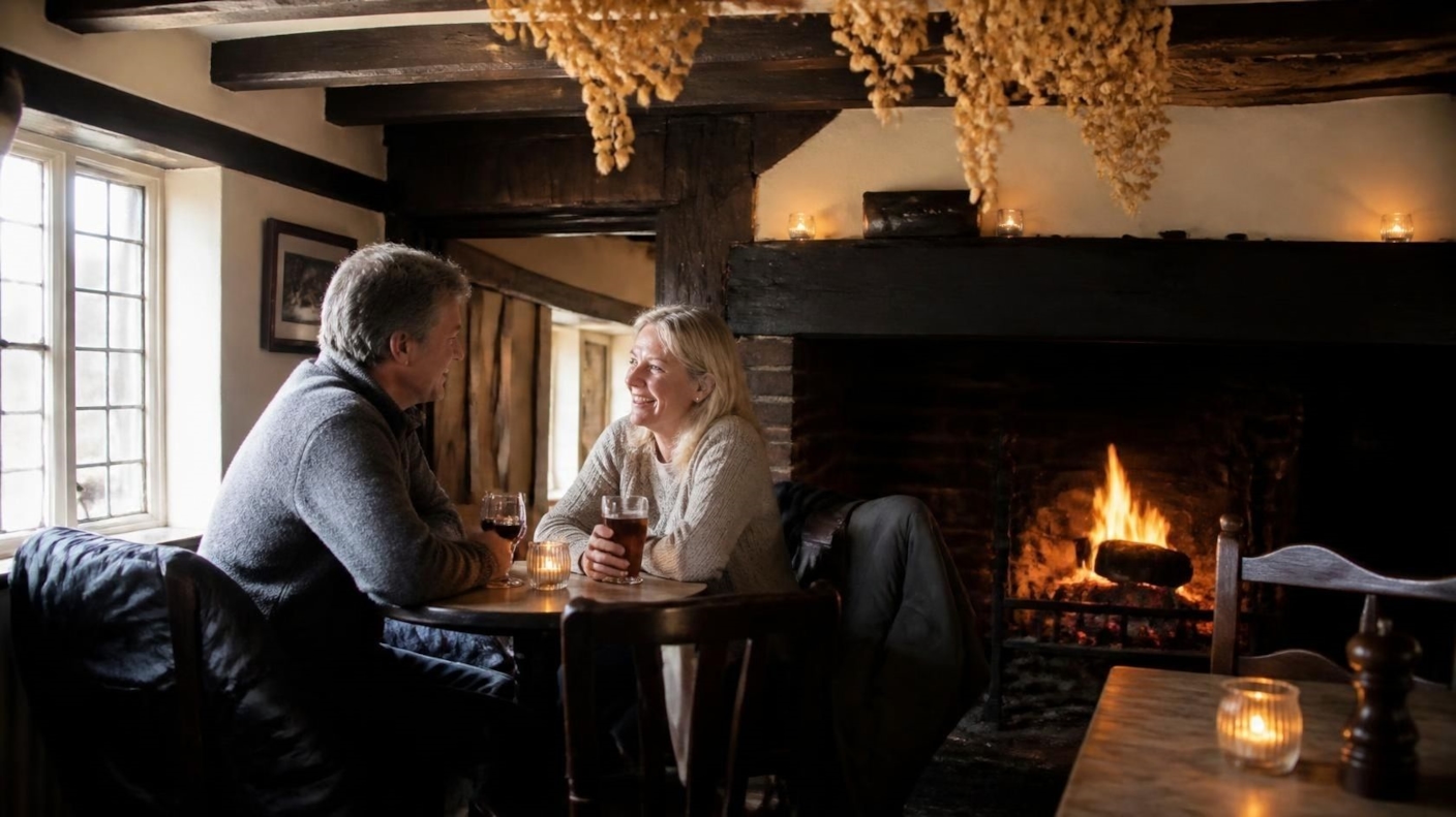 A couple sharing a drink by the fire in a cosy pub