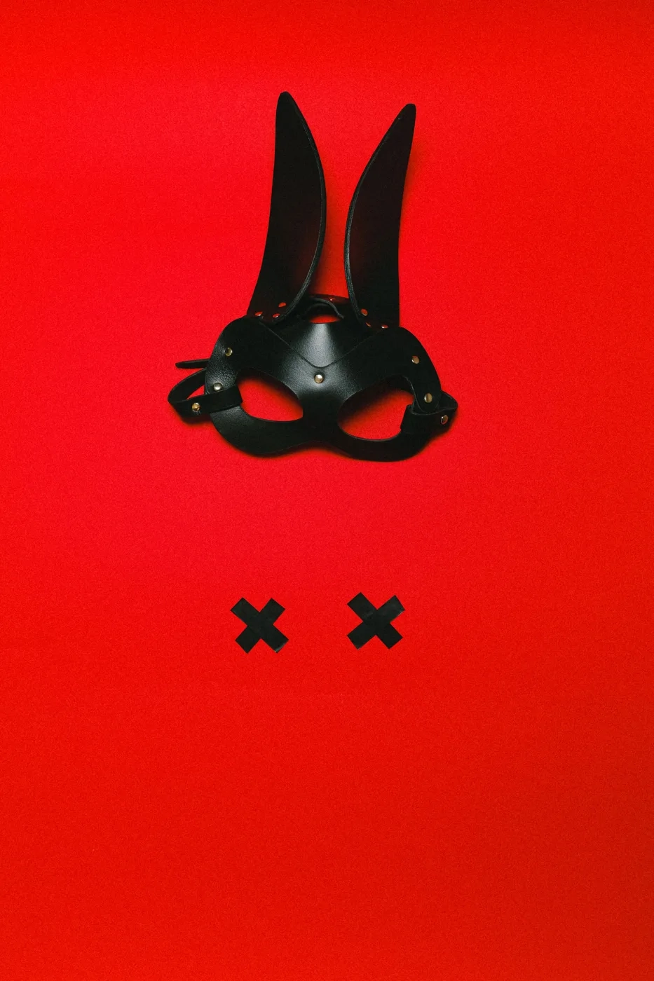Black bunny mask on a red background, illustrative photo of a model