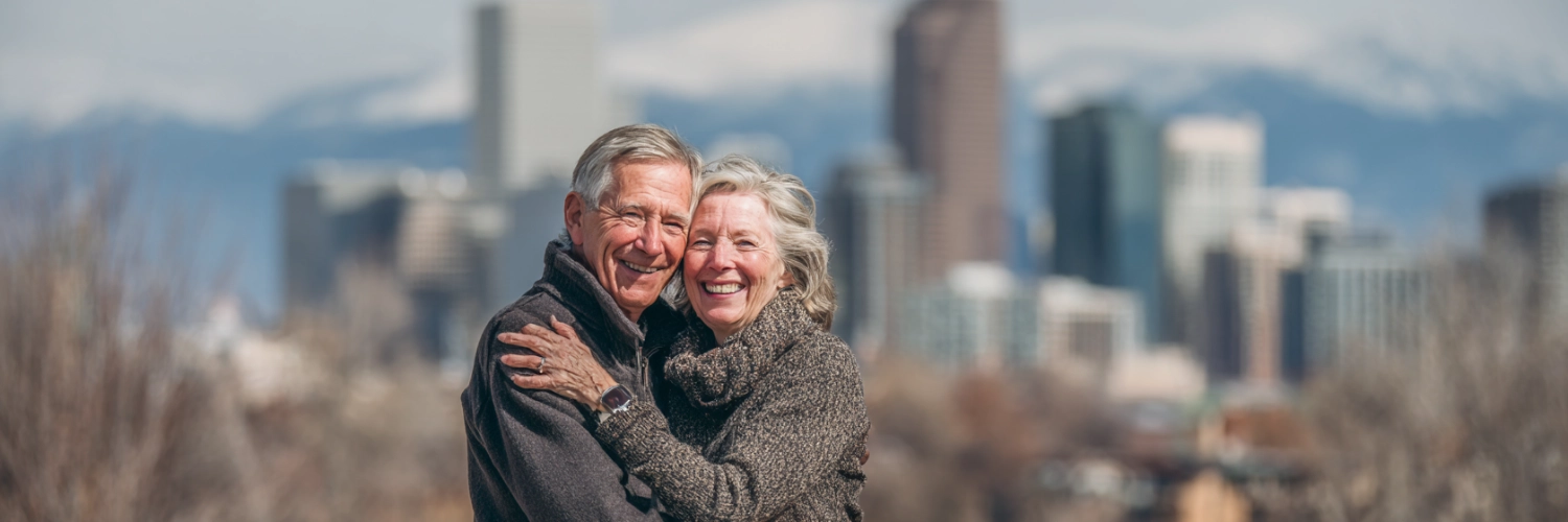 An older couple happily engaging in conversation against the backdrop of Denver's picturesque skyline.