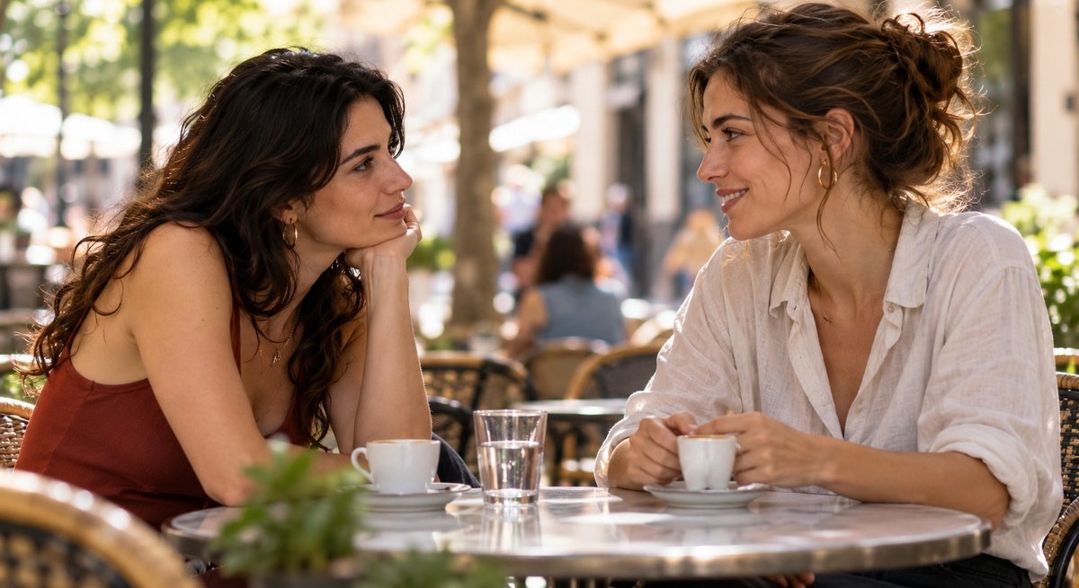 Dos mujeres conversando atentamente en la terraza de una cafetería