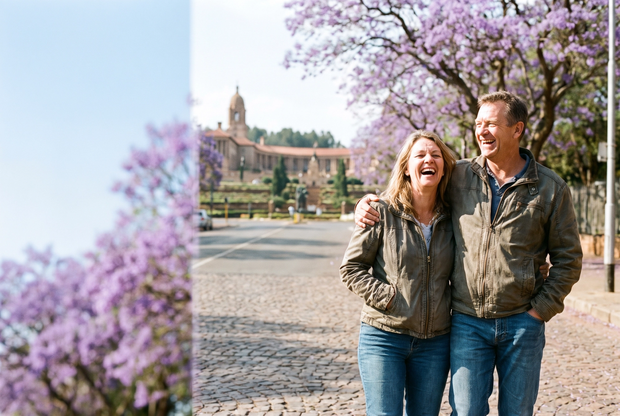A happy couple laughing together on a jacaranda-lined Pretoria street with the Union Buildings in the distance