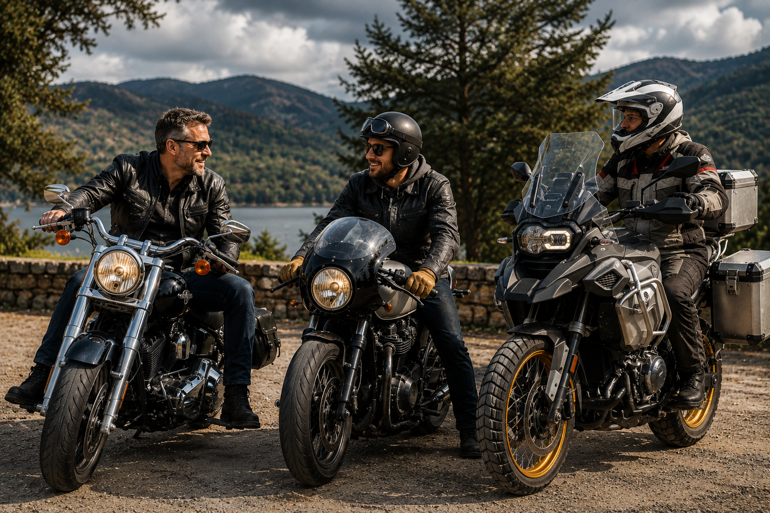 Three riders on very different motorcycles — a cruiser, a café racer, and an adventure tourer — chatting at a lakeside viewpoint