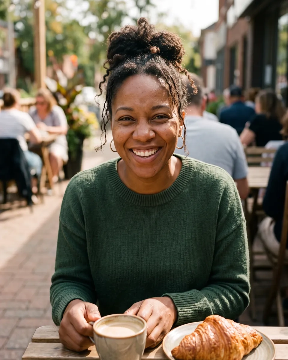 A smiling woman with a coffee and a croissant at a sunny cafe patio on Hamilton's Locke Street (AI-generated image)