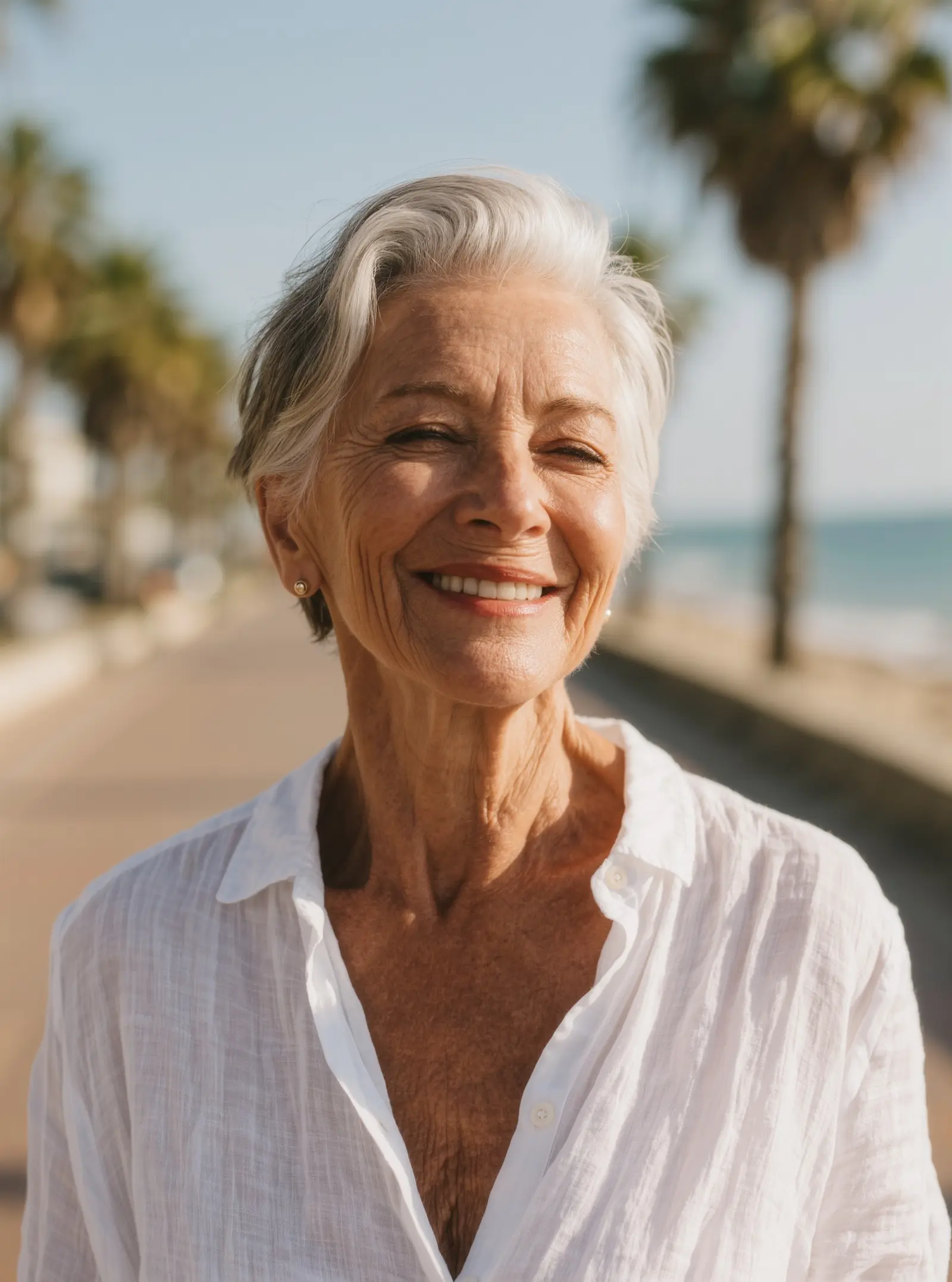 A smiling woman in her early 60s with short silver hair in a white linen shirt on a sunny seaside promenade with palm trees