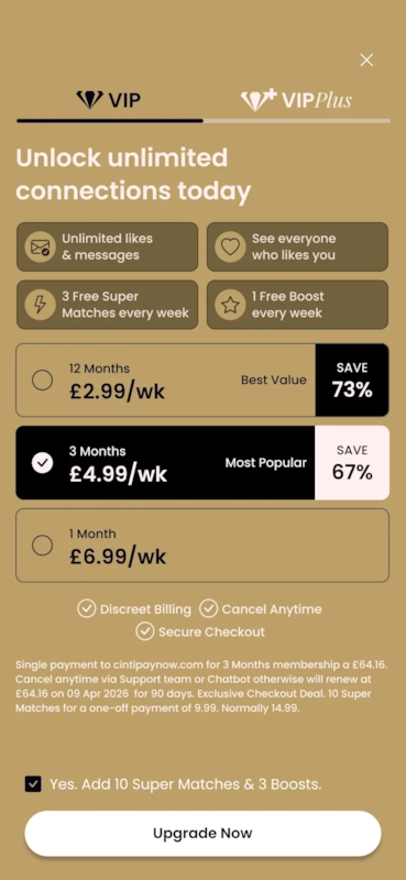 The VIP upgrade screen, with a consumable bundle pre-ticked above the call to action.
