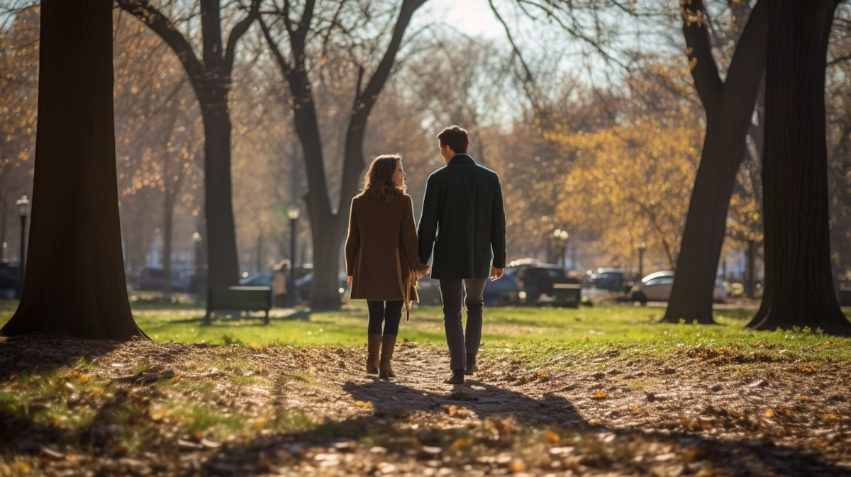 A couple seen from behind, walking away down a dirt path through a park in autumn, bare trees and long shadows around them.