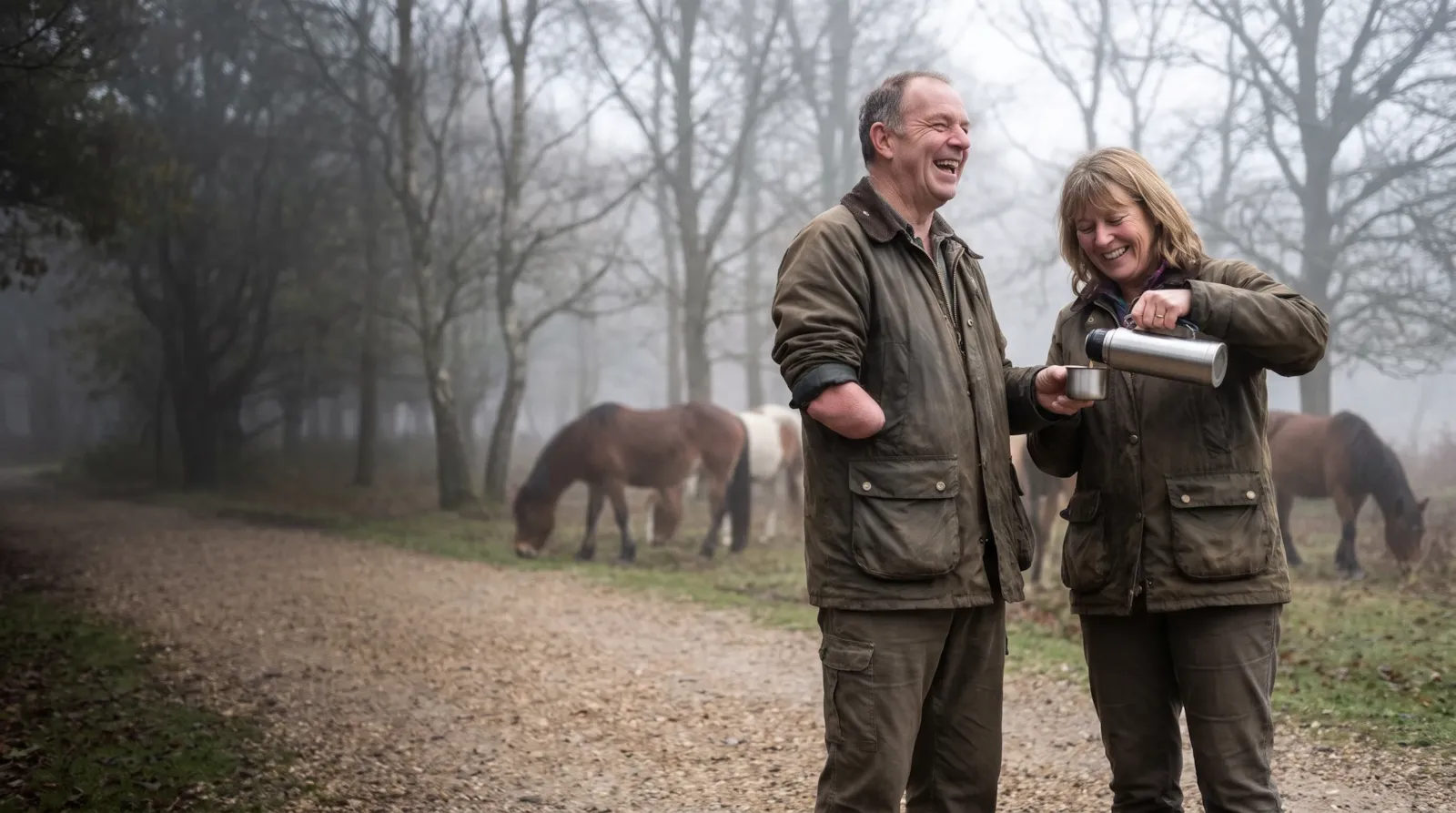 A couple sharing a flask of tea on a New Forest path, ponies grazing behind them; the man has an arm amputation