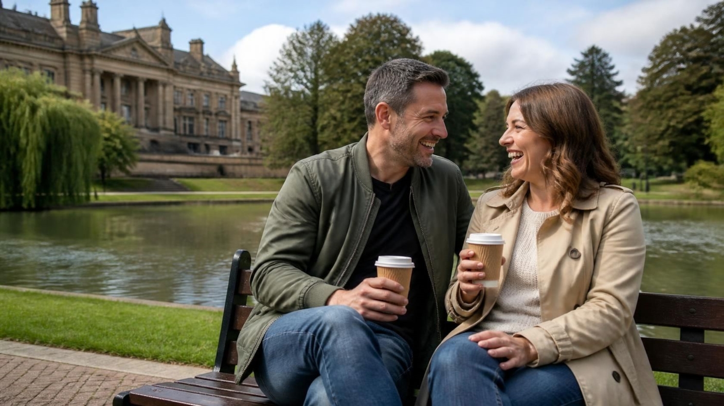 A couple laughing over takeaway coffees on a bench beside the lake in a grand Victorian park