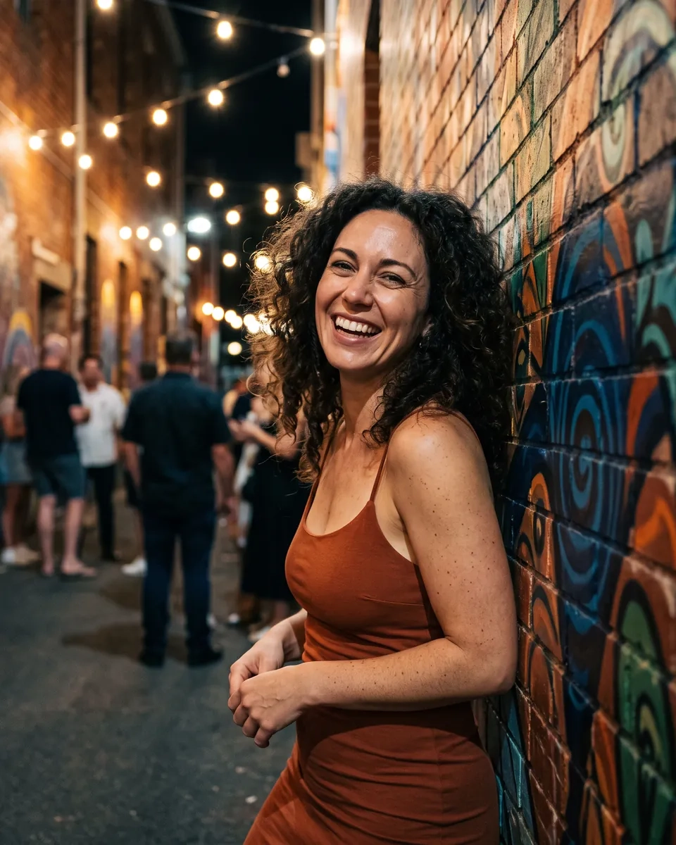 A woman with big dark curly hair and a rust-coloured slip dress laughs against a mural-covered laneway wall in Northbridge at night, festoon lights overhead (AI-generated image)