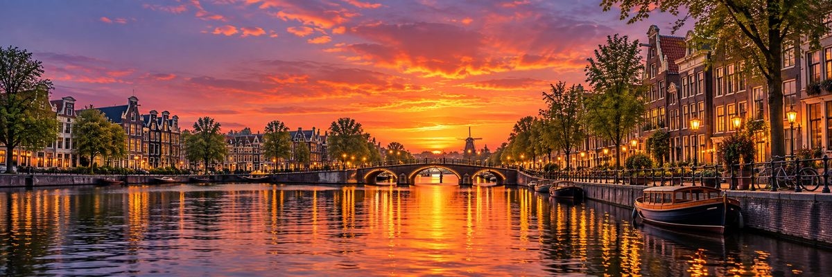 Panoramic view of an Amsterdam canal at sunset