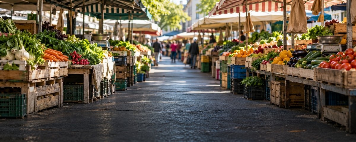 The aisle of a local street market on a weekday morning, with crates of produce under striped awnings