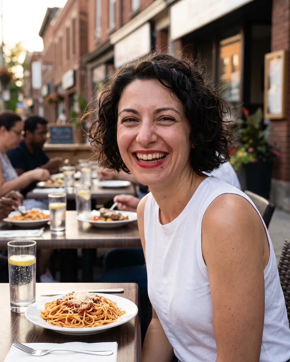 A laughing woman with a plate of spaghetti on a restaurant patio in Ottawa's Little Italy (AI-generated image)