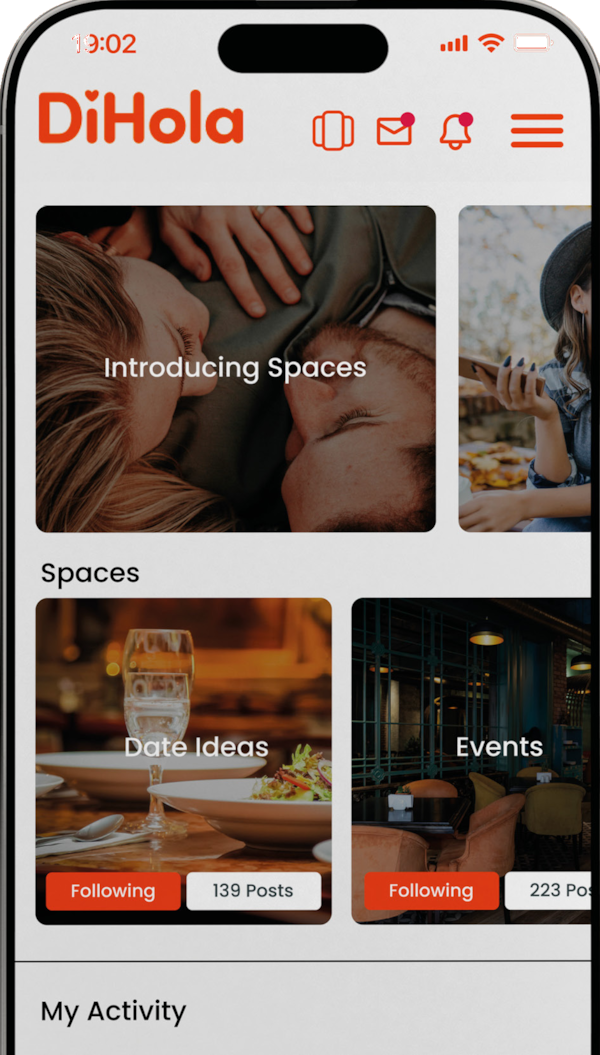 DiHola Spaces screen with conversations about date ideas and events