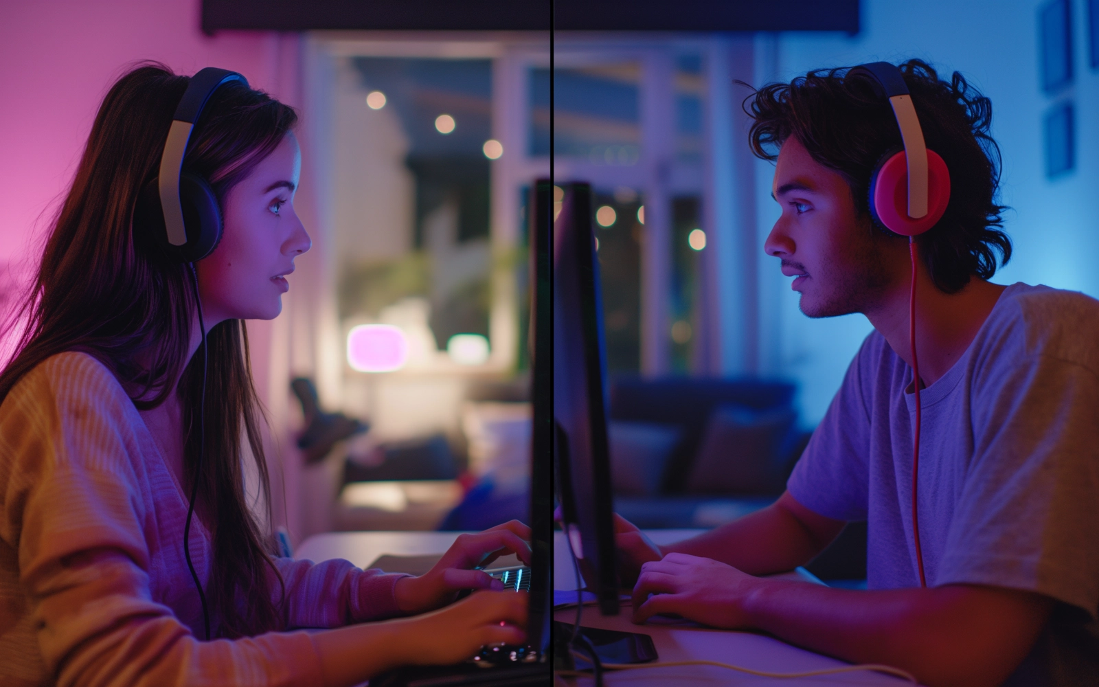 A woman and a man in headsets facing each other across gaming PCs