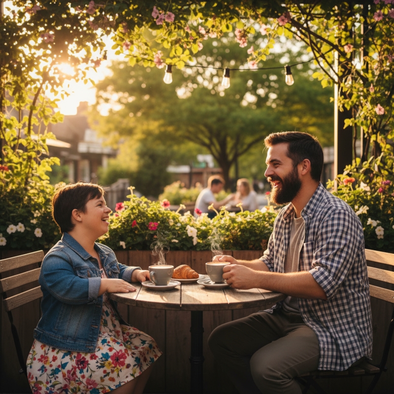 Mixed-height couple on a first date at a cozy café, a little person and their date enjoying coffee together