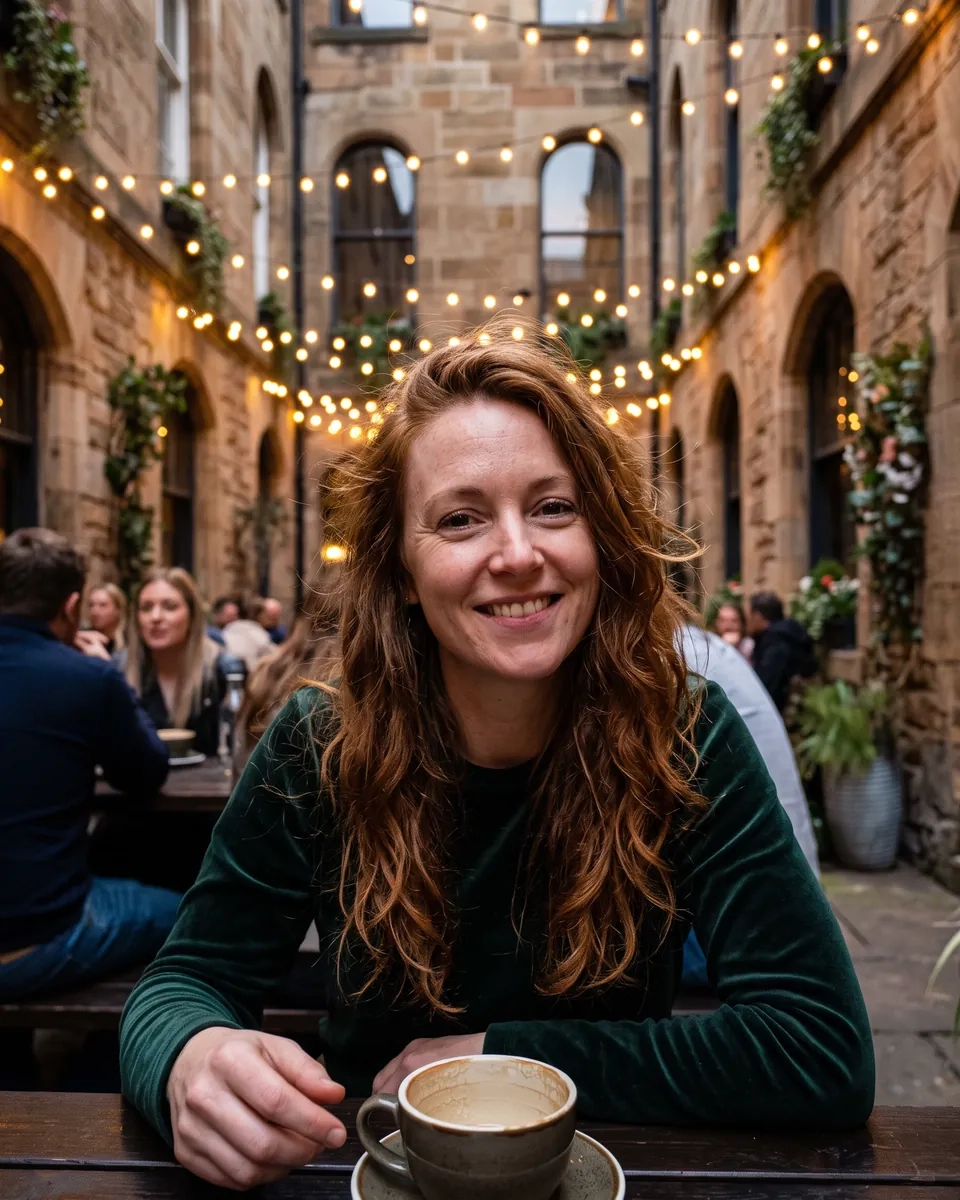 A woman with long red waves and a green velvet top smiles at an outdoor table in a sandstone courtyard strung with fairy lights in Glasgow (AI-generated image)