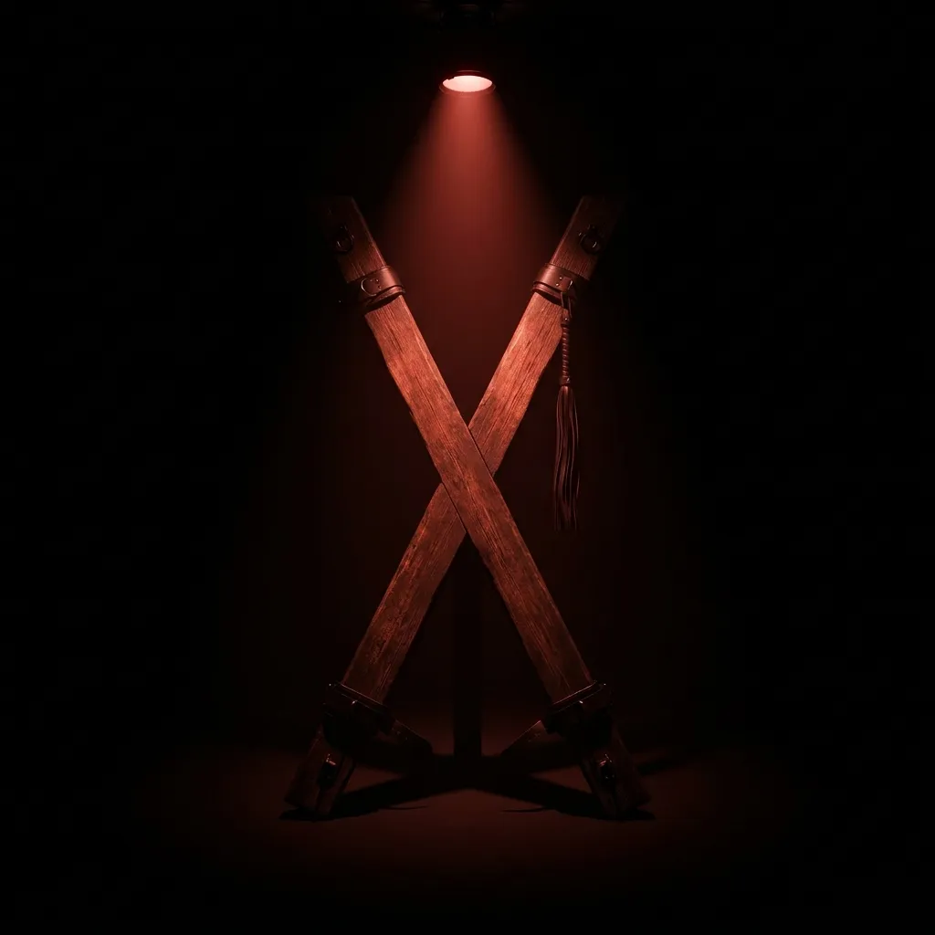 A wooden St Andrew's cross lit red in a dark room