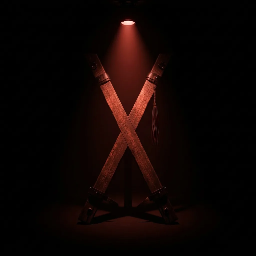 A St. Andrew's cross with leather cuffs, lit red under a spotlight in a dark room