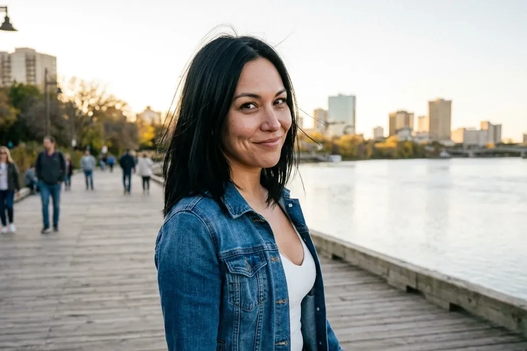A smiling woman with sleek black shoulder-length hair, an open denim jacket and a low-cut white top turns toward the camera on a riverside boardwalk at golden hour, with Winnipeg's downtown towers across the water (AI-generated image)