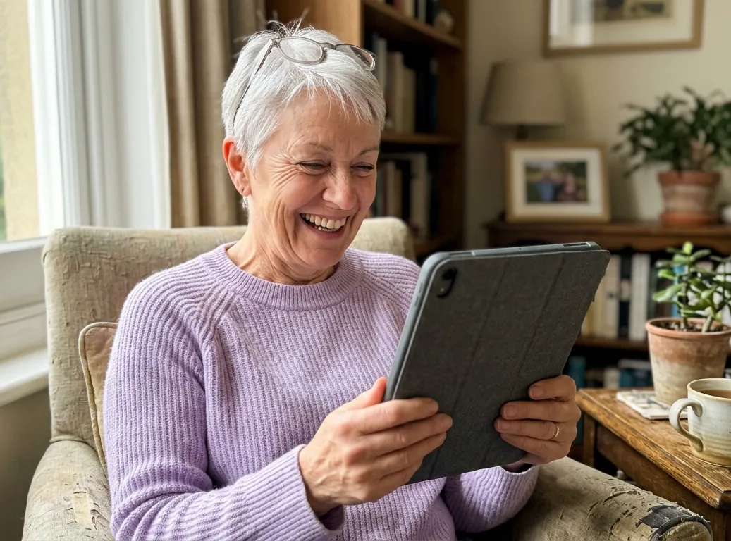 A woman in her mid sixties with a silver pixie cut and a lilac jumper laughs as she reads a tablet in an armchair by a sunny window (AI-generated image)