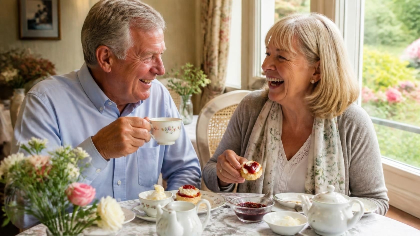 An older couple chatting over tea and scones in a tearoom